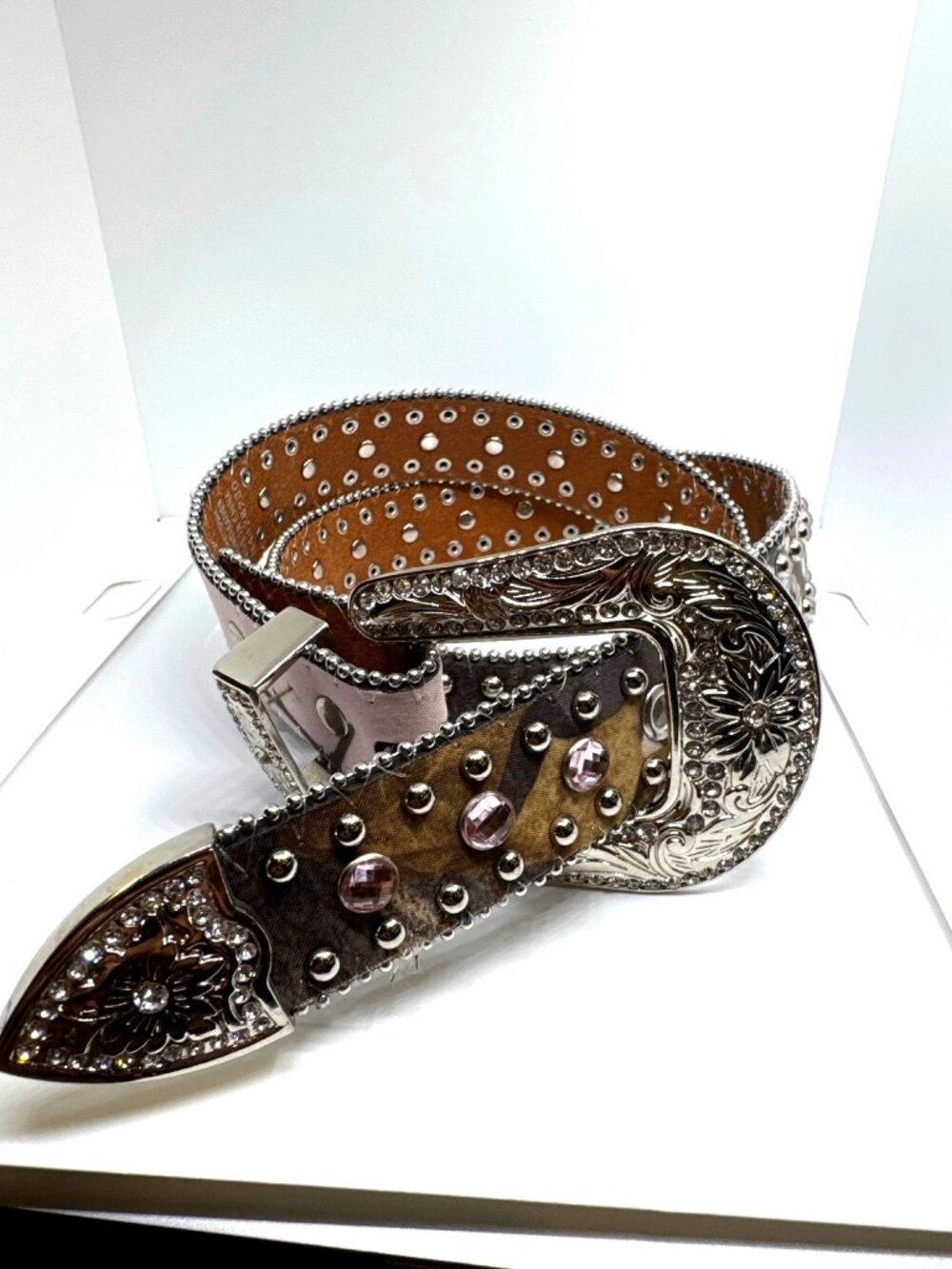 Nocona Belt Co Camo Western Belt Pink Rhinestones Studded Size 28 Cowgirl